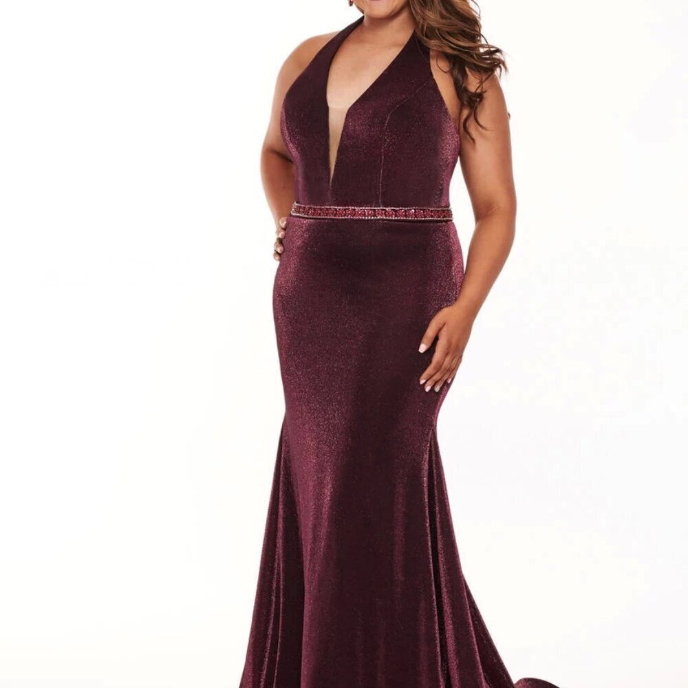 Rachel Allan Curves Magenta Metallic Plunge Neck A-Line Gown Prom
